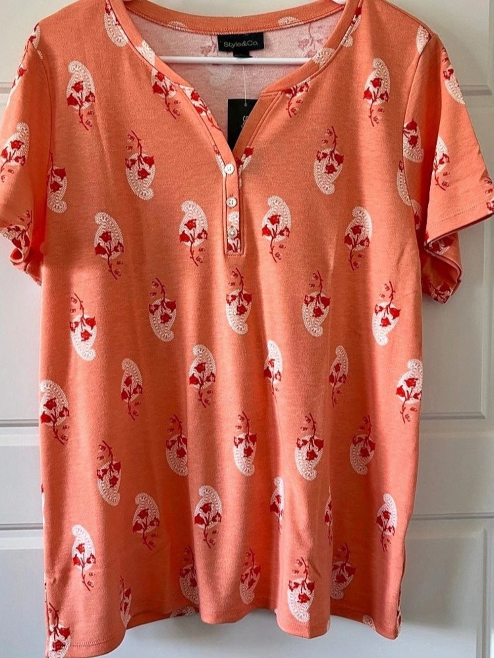 Style&Co Paisley Short Sleeve Top in Orange & White Size XL NWT